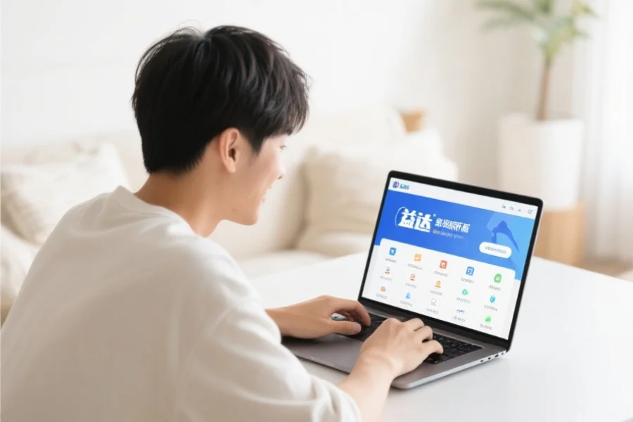 一位年轻用户在明亮舒适的室内环境中愉快地使用笔记本电脑，屏幕上展示辉达客户端新版界面